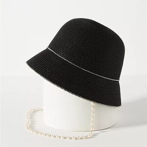 ANTHROPOLOGIE Black and White Pearl Trimmed Raffia Bucket Cloche Hat NWT! OS